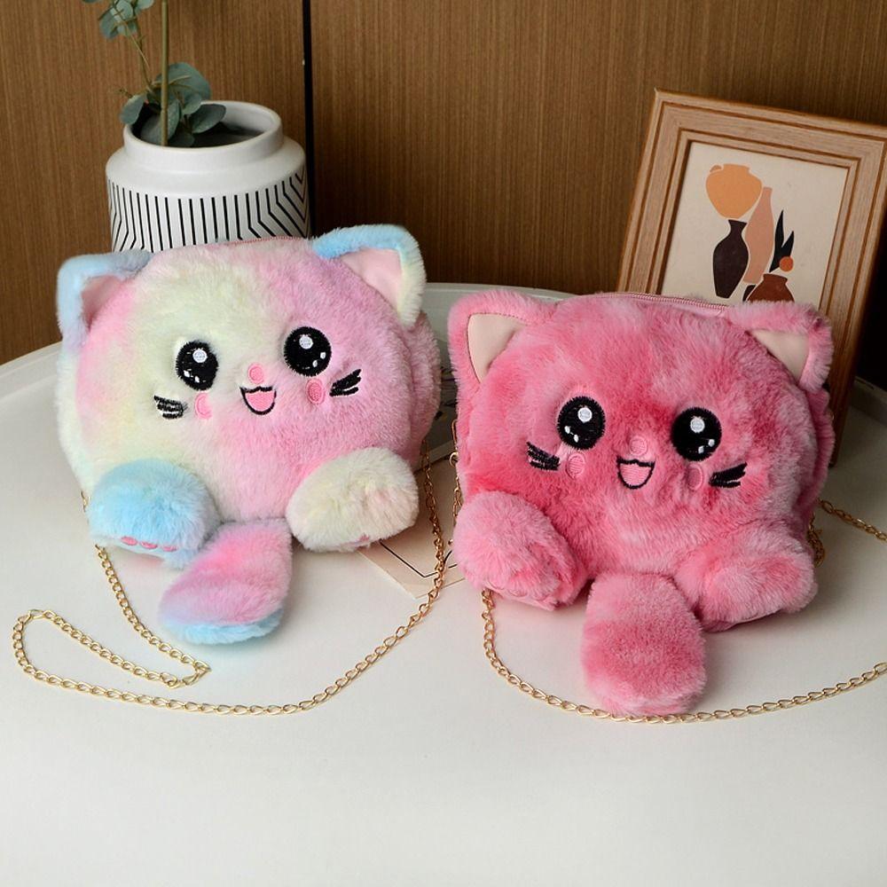 Rainbow Cat Shoulder Bag Faux Fur Stuffed Doll Bag Portable Plush Crossbody Bag  Streetwear