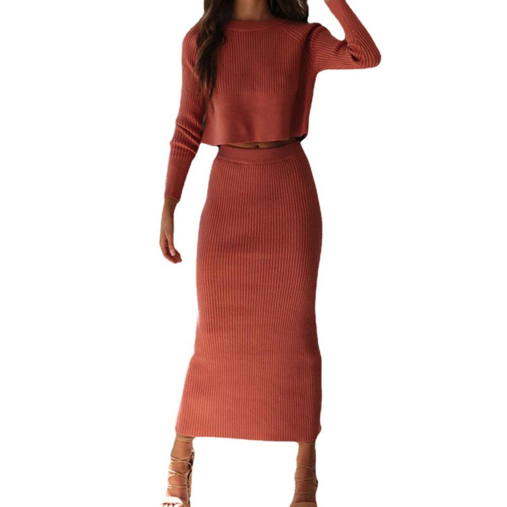 European and American Internet celebrities 3-color sweater two-piece set, sexy navel top hem split suit skirt women