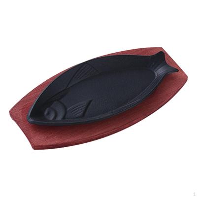 Griddle Steak Fry Plate BBQ Grill Pan Fish Shaped with Wooden Tray Cast Iron Fryer Skillet