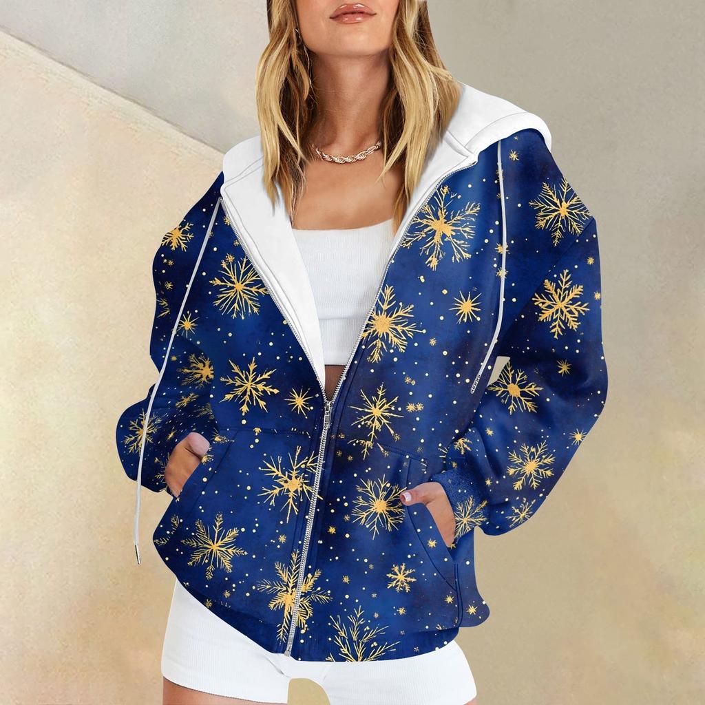 Ladies Fashion Casual Christmas Print Sweatshirt Autumn Winter Long Sleeve Cardigan Jacket With Pocket Zipper Hoodie Jacket