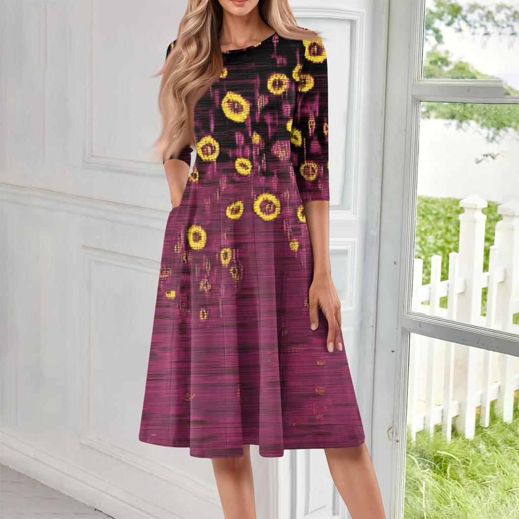 Rochie midi ocazională, cu mâneci trei sferturi, cu gât rotund, cu imprimeu