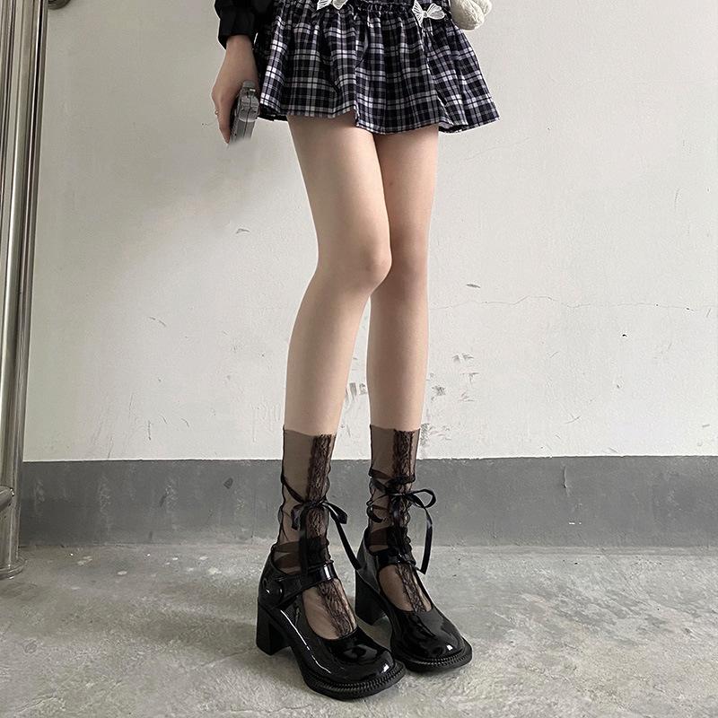 Women's Summer Thin Tie Bow Lace Glass Mesh Medium Tube Stack Socks