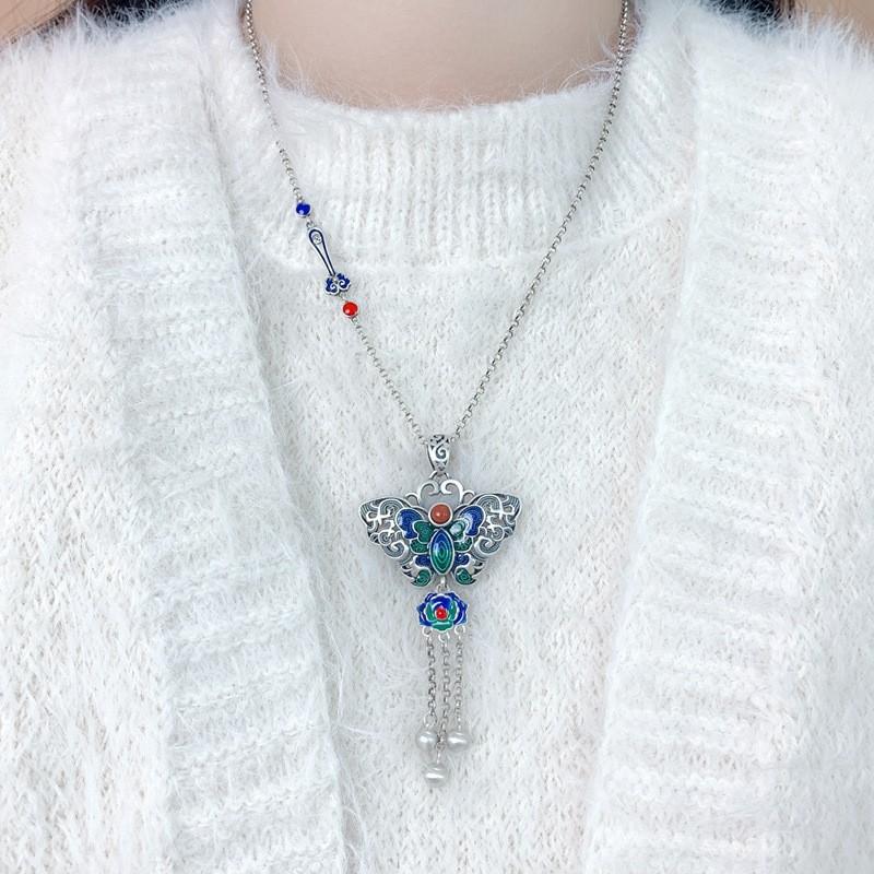 Exquisite Enamel Blue-green Butterfly Pendant Tassel Retro Ethnic Style Auspicious Cloud Necklaces Wedding Jewelry