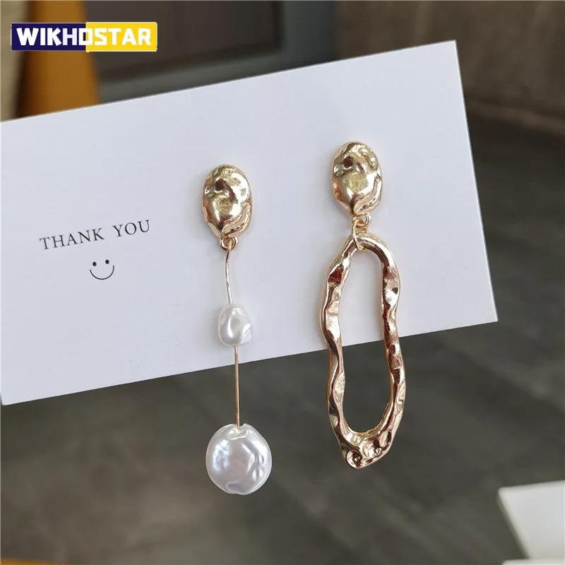 New Elegant Asymmetric Earring Freshwater Pearl Metallic Exaggerated Long Stud Earring Ladies and Girls Party Jewelry Gifts