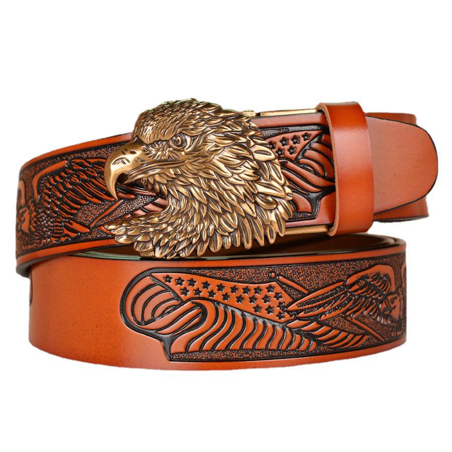 Eagle Embossed Cowhide Leather Belt with Automatic Buckle