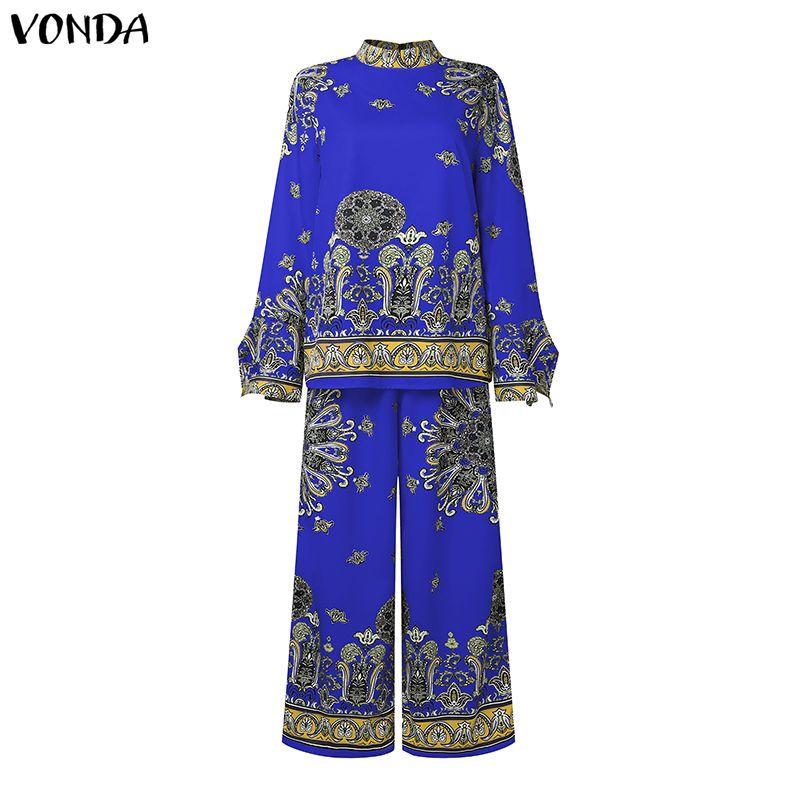 

VONDA 2 шт. Женский этнический комплект из блузки с длинным рукавом с принтом и брюк, повседневный костюм-двойка 2XL королевский синий