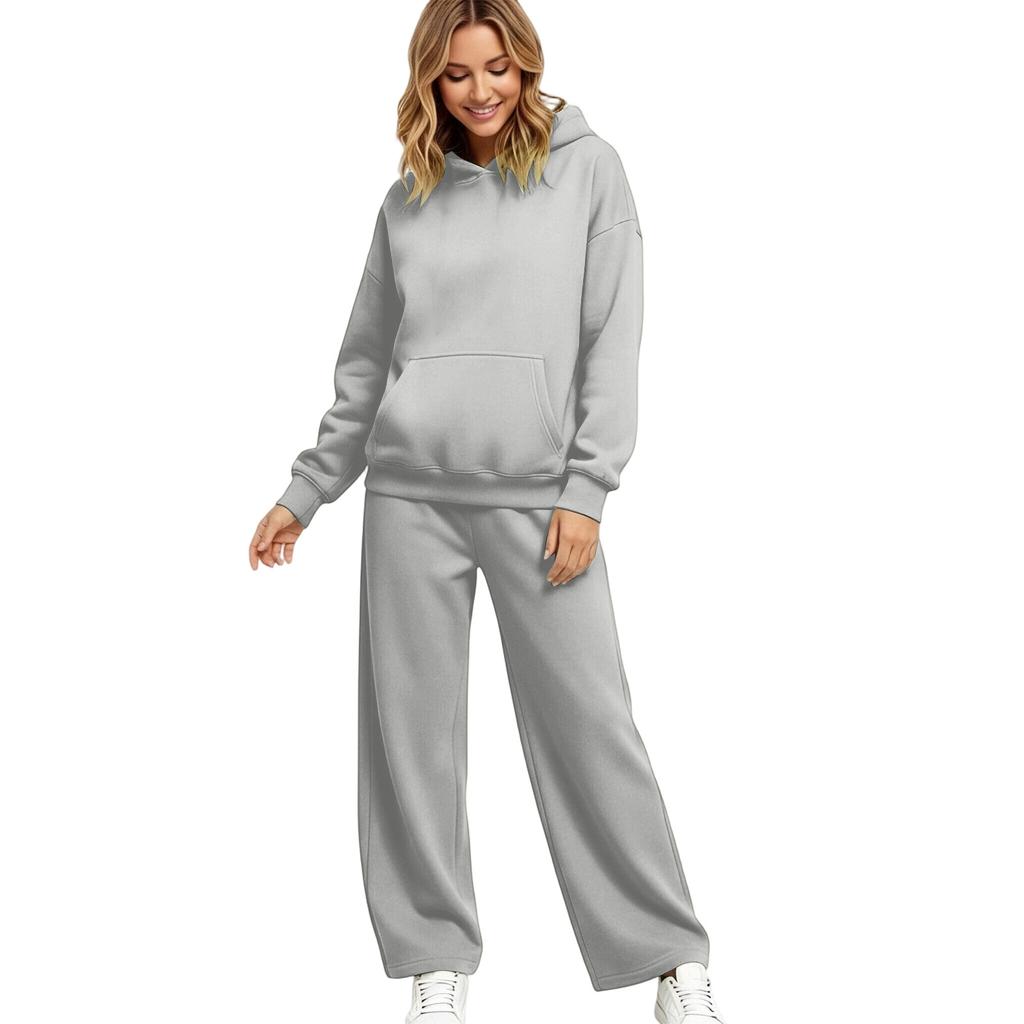 Women's Lined Drop Shoulder Top and Wide Leg Pants 2 Piece Set Color Loose Fit Casual Fall Winter Outfit