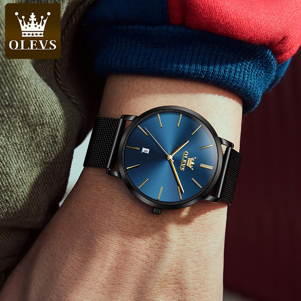 OLEVS Ultra Thin 6.5mm Minimalist Fashion Quartz Watch for Men Mesh Steel Strap Auto Date Waterproof Men Wristwatches