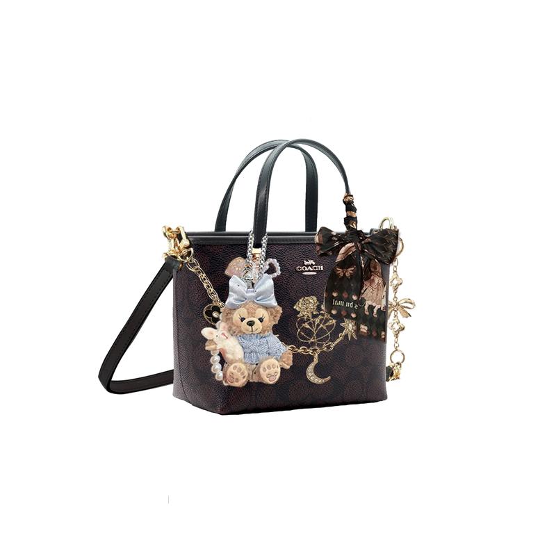 

COACH handbag [Customized bag] City 15 brand logo detachable shoulder strap rose print chain bow extension chain ribbon tote Time imprint basic model чорний