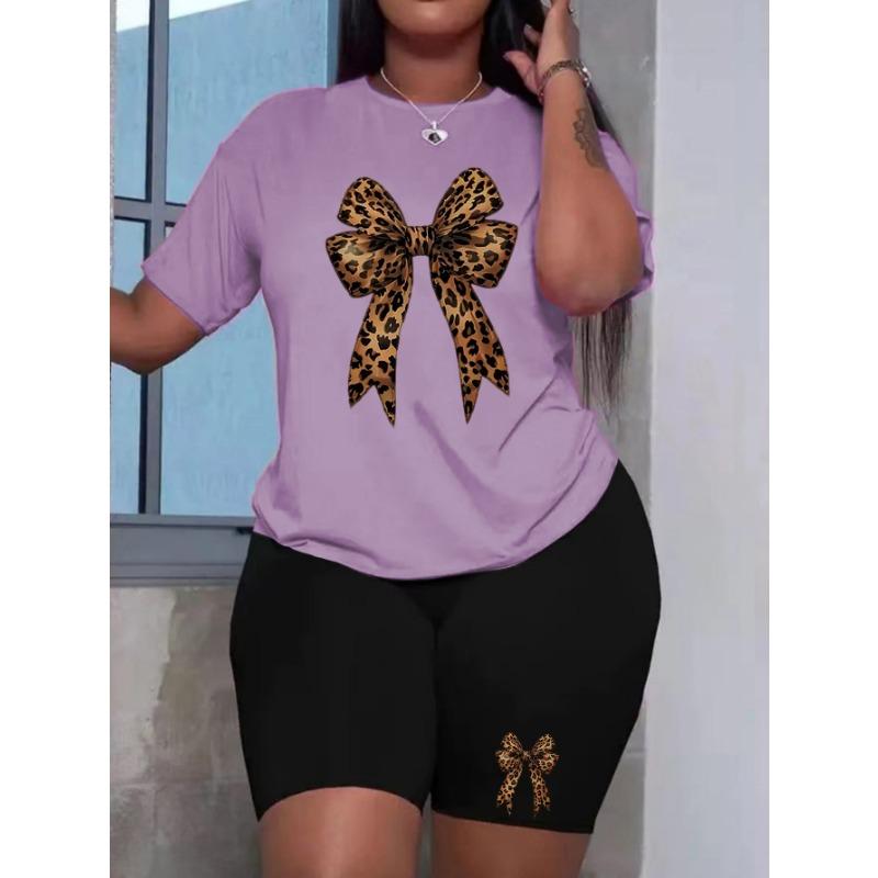 Plus size women's summer leopard print bow print premium comfortable T-shirt two-piece set
