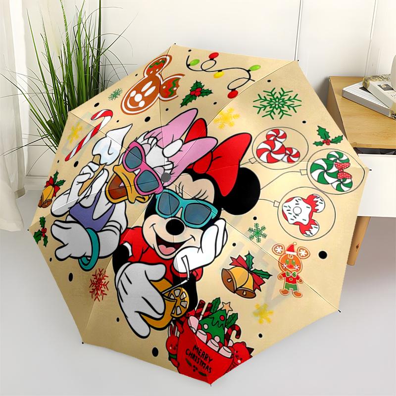 

1pc Mickey & Minnie Christmas Gingerbread Man Design - Automatic Opening Umbrella with Foldable Design, Iron Frame, Outdoor Use, Festive Gif