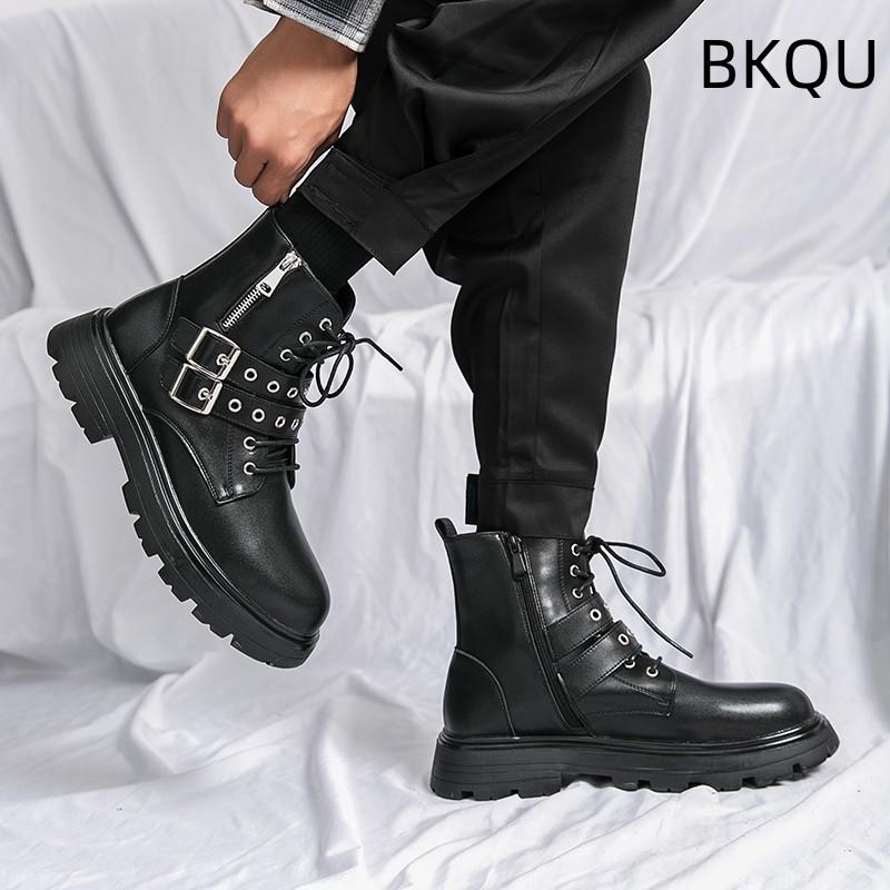 

trend Men s Motorcycle Boots Wear-Resistant Heighten Round Toe Platform Outdoor Youth Trend All-match Spring and Autumn Main Push