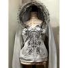 Y2K Streetwear Hooded Zip-Up Cropped Sweatshirt Women With Retro Wing Print Faux Fur Collar