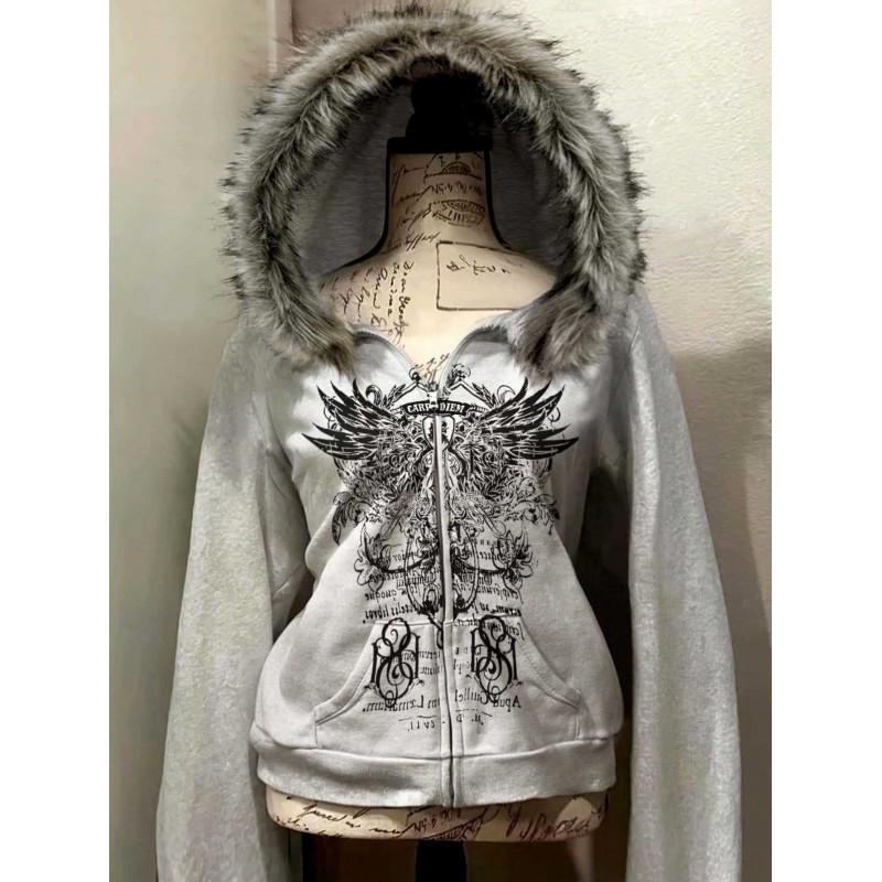 Y2K Streetwear Hooded Zip-Up Cropped Sweatshirt Women With Retro Wing Print Faux Fur Collar