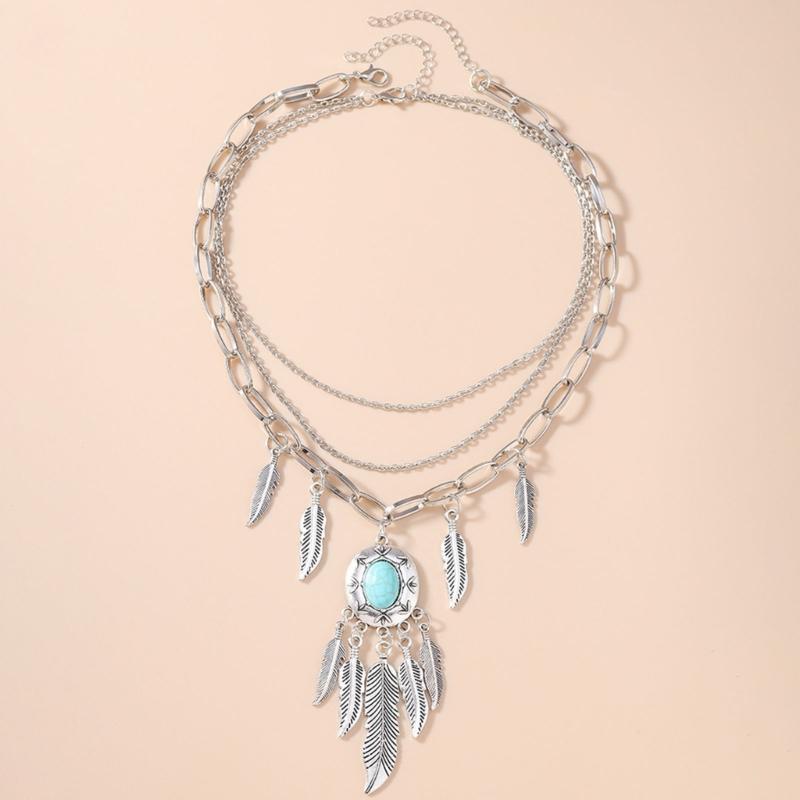 Pack of 2 Ethnic Turquoise Feather Chokers with Antique Alloy Finish Adjustable Length Bohemian Fashion Accessories