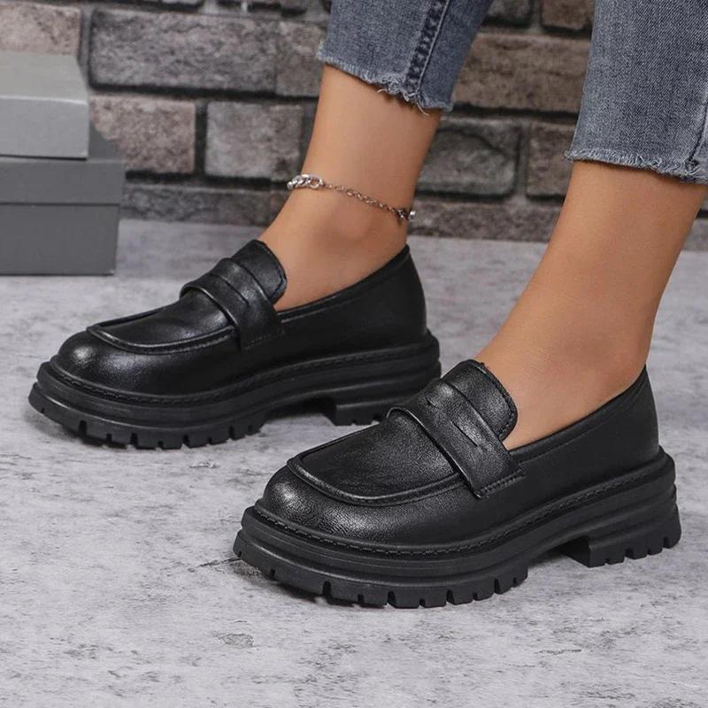 Casual Flats Metal Chain Thick Bottom Loafers Mujer Spring Platform Pu Leather Round Shoes Women Vintage Plus Size Pumps Woman