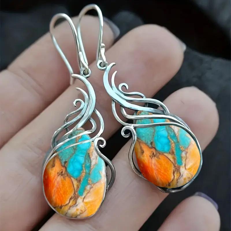 Silver Plated Copper Wire Wrapped Spiny Oyster Turquoise Drop Earrings for Women разноцветный