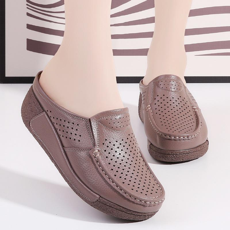 Tongs en cuir pour femmes Nouvelles chaussures d'été Décontractées Respirantes Creuses