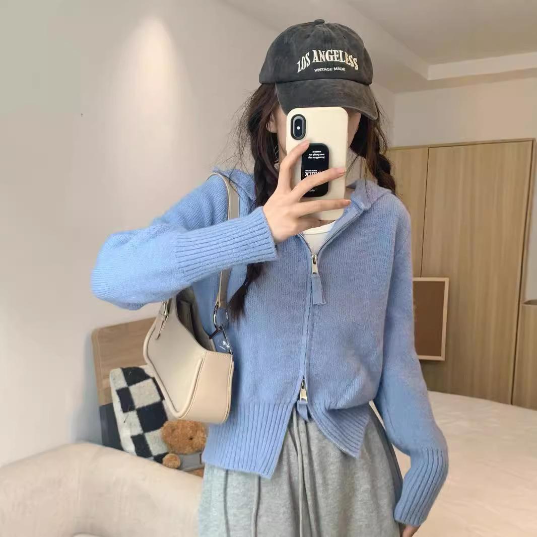 

Серый свитер-куртка с капюшоном женский плечевой стиль для поездок на работу весна и осень двойная молния с капюшоном вязаный свитер женский 47-171 (average size) синий