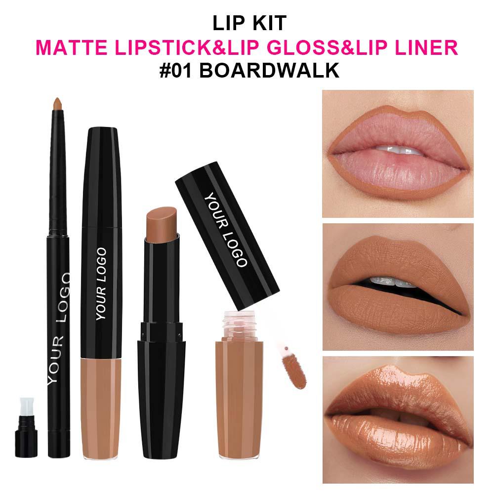 Three-in-One Matte Lipstick Set: Lipstick, Lip Liner, and Moisturizing Lip Gloss