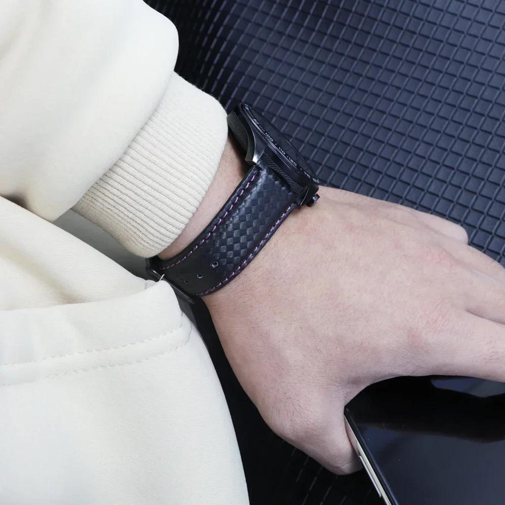 20mm 22mm Quick Release Black Carbon Fiber Leather Watch Strap Band For Galaxy Watch 7 6 5 4 40mm 44mm Gear S3 Replacement Band