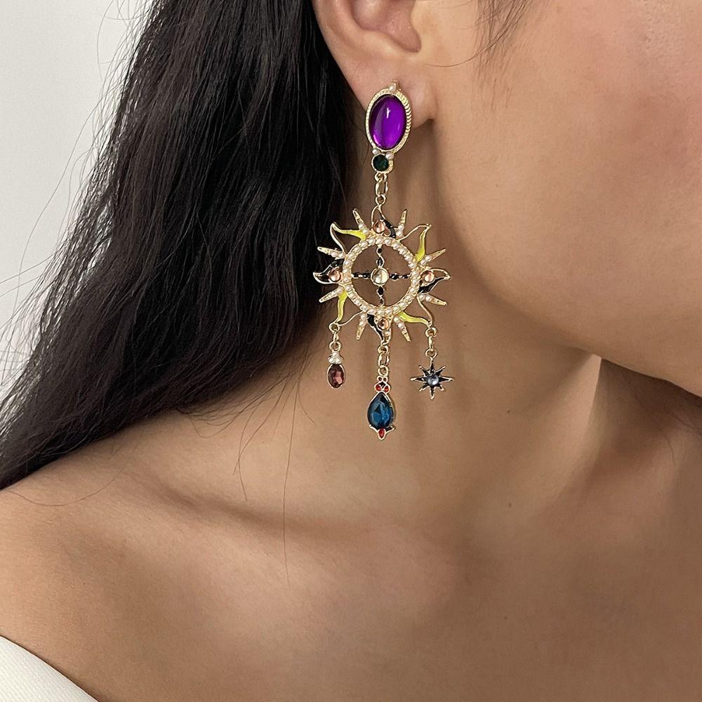Medieval Style Sun&Moon Earrings Handmade Crystal Earrings Temperament Dangle Earring  Gift