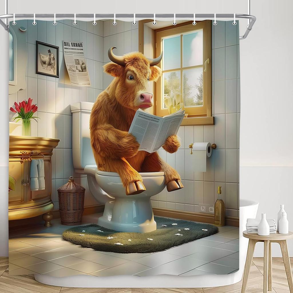 Western Shower Curtain Farmhouse Country Style with Cow Skull Southwest Design, Waterproof Polyester Bath Curtain with 12 Hooks