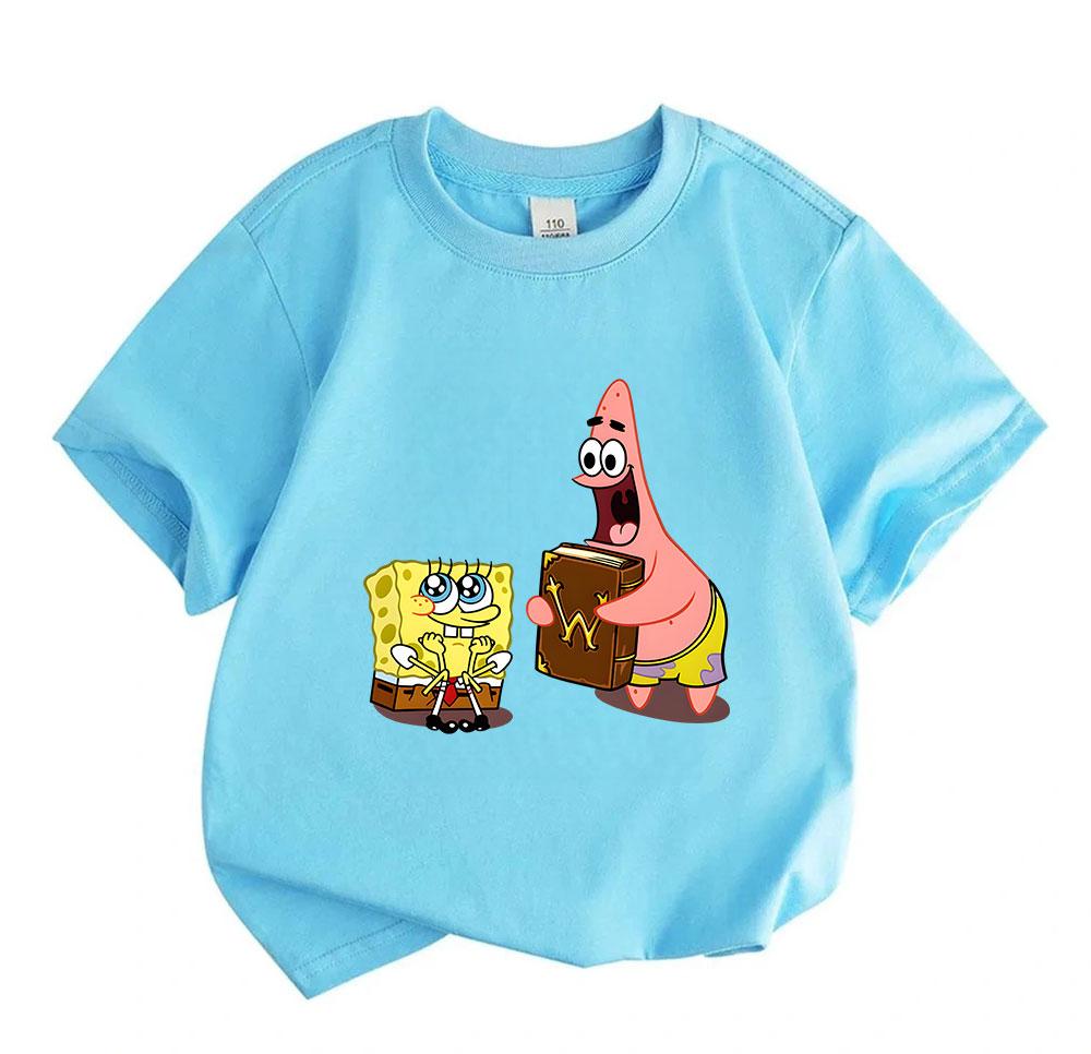 Kids Boys Girls 100% Cotton Crew Neck Short Sleeve T-Shirt, Cute Cartoon Sponge Star Character Print Casual Soft Breathable Tee for Children Daily Wea