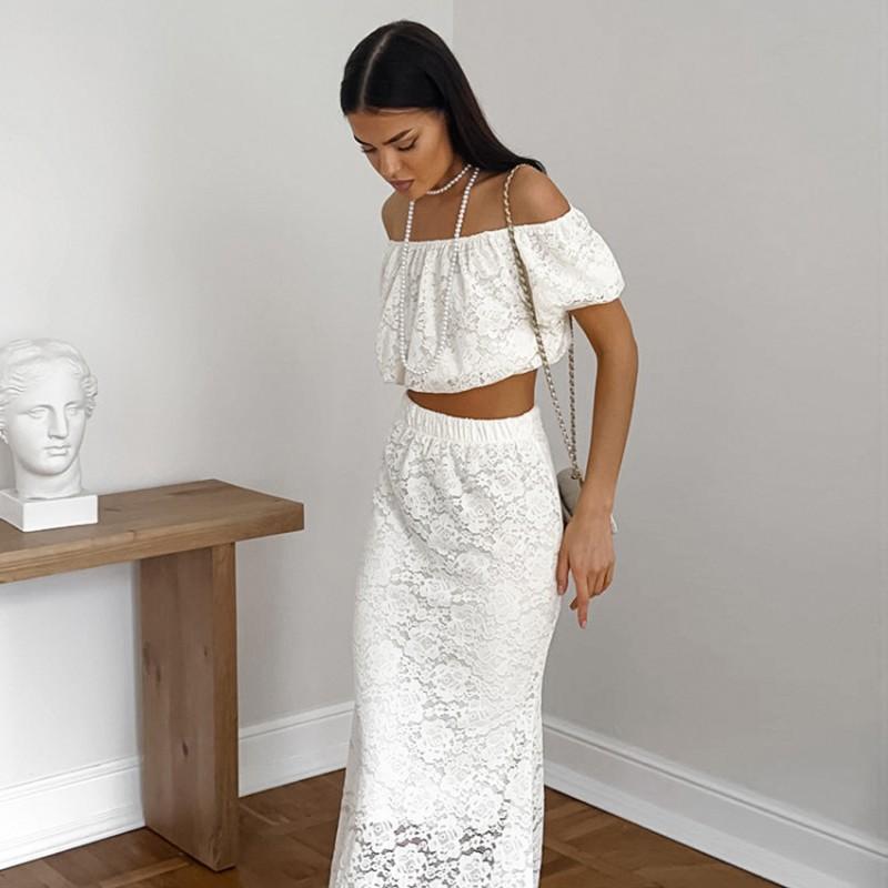 2026 Elegant White Lace Dress Set Women French Strapless Long 2 Piece