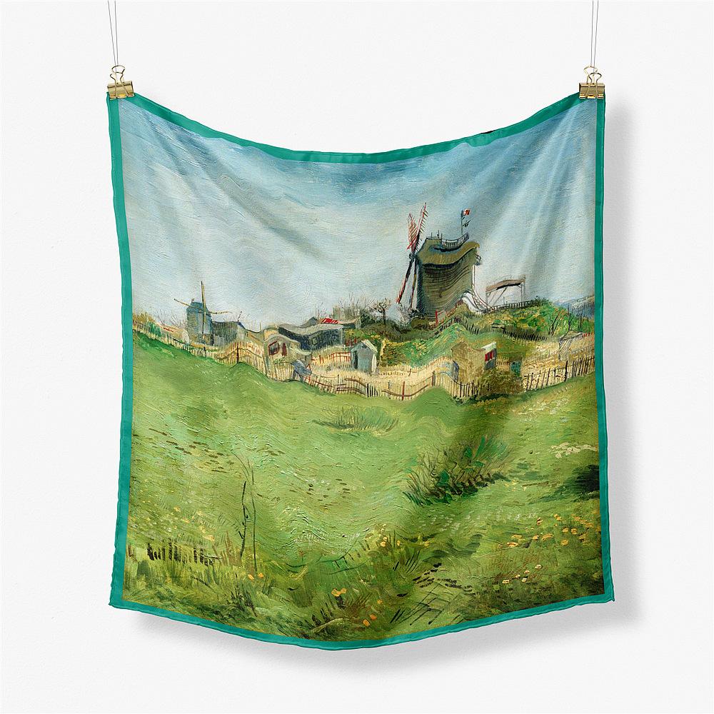 Famous Oil Painting Twill 100% Silk Scarf Fashion Bandana Women Scarf Wraps 53cm Square Scarves Hijab Head Scarf Neckerchief