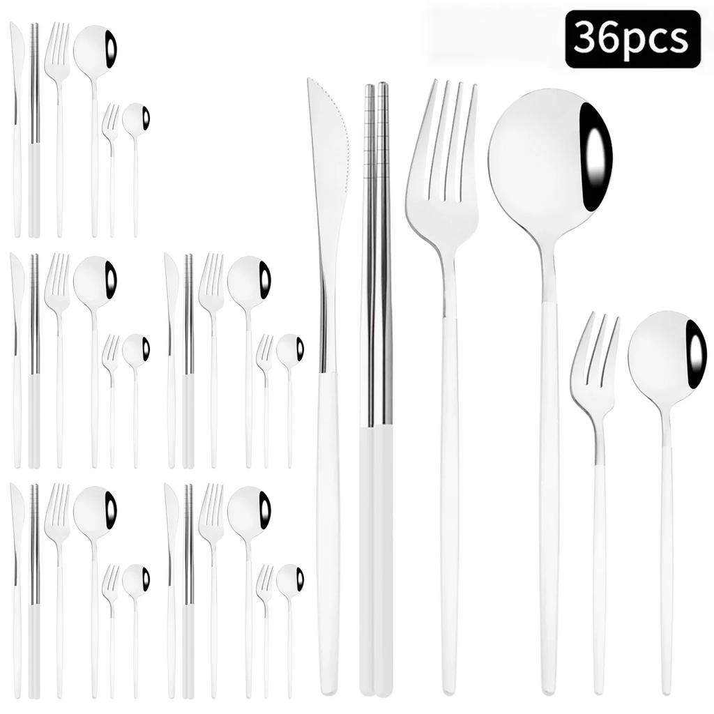 36 ks Černozlatá sada příborů Nůž Vidlička Lžíce Hůlky Sada nádobí Nerezové ocelové dortové vidličky Čajové lžičky Stolní nádobí Příbory