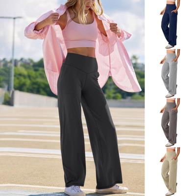 Calças de ioga femininas, cor sólida, cintura alta, perna larga, calças esportivas com bolsos, controle de barriga, calças sociais de perna reta