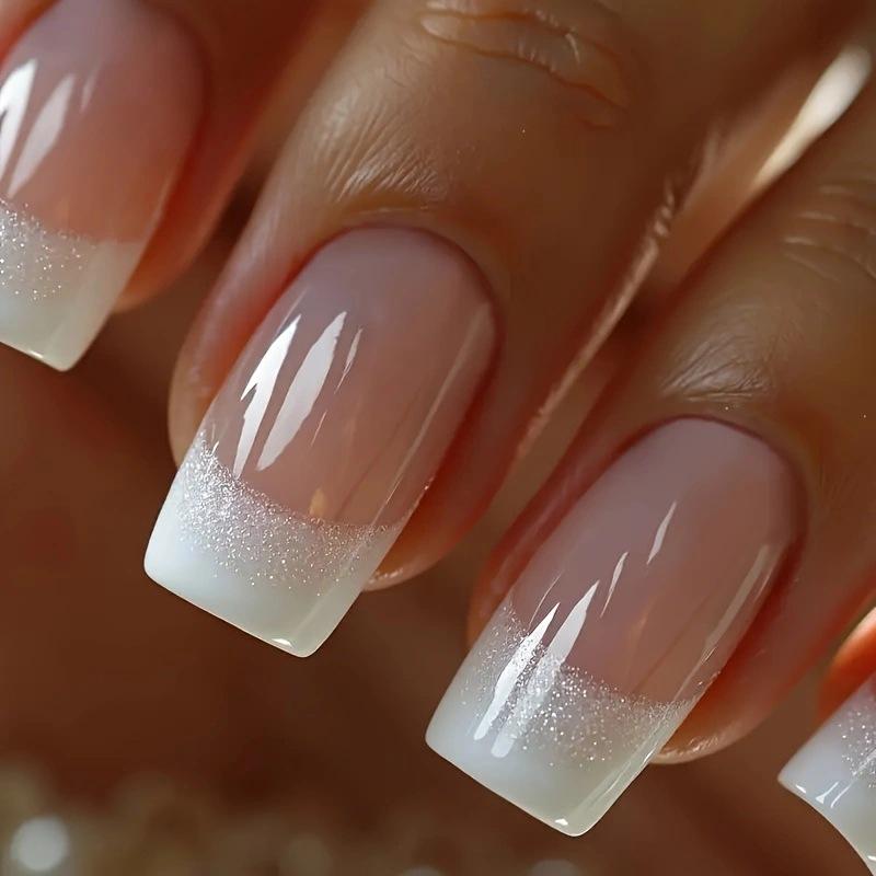 

24-Piece Sparkling White French Edge Glitter False Nail Set