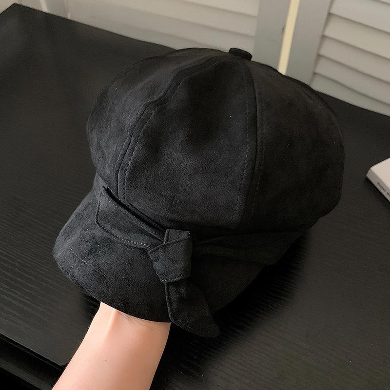 Women S Solid Color Suede Octagonal Hat With Bow For Autumn Winter