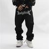 American Street Retro Letter Printing Washed Black Jeans Hip-hop Loose Straight Wide-leg Trousers Ins