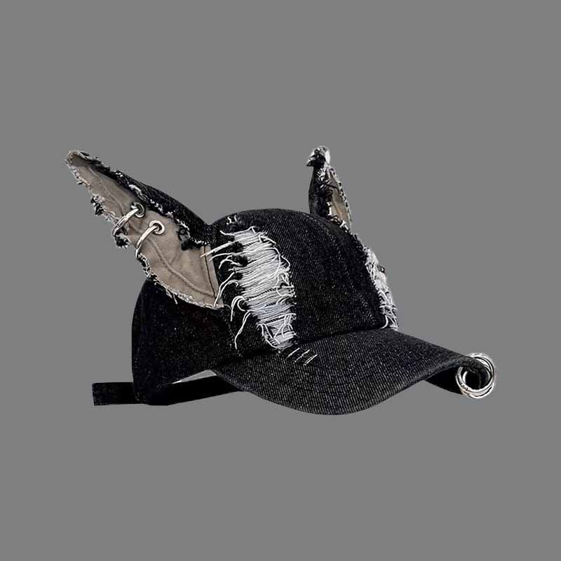Distressed Denim Cat Ear Baseball Cap, Ripped Frayed Hat with Safety Pins & Metal O‑Rings, Punk Gothic Streetwear Hat for Halloween Cosplay Party