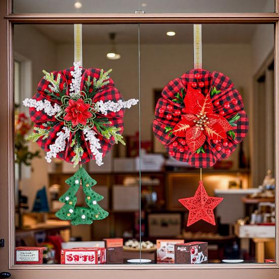 Christmas Wreath Decoration Red Artificial Poinsettias Buffalo Plaid Wreath