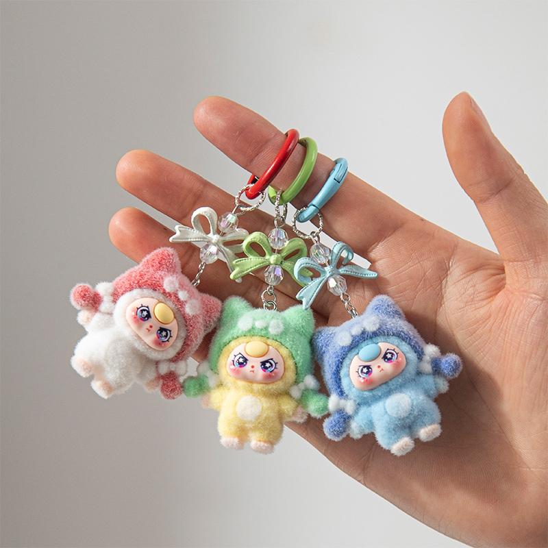 Baby Mini Three Flocking Keychain Trendy Figures Key Chain Cute Kawaii Dora Wendy Doll Keyring Bag Charms Christmas Gifts