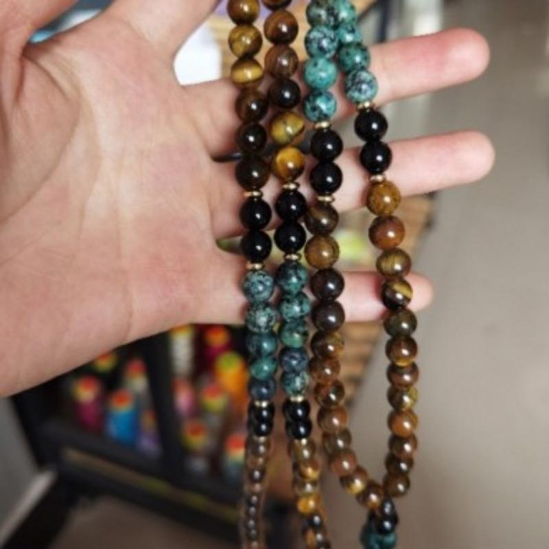 Tiger's Eye African Turquoise Mala Necklace – Beads Tassel Healing Jewelry, Boho Grounding Gift for Men Women