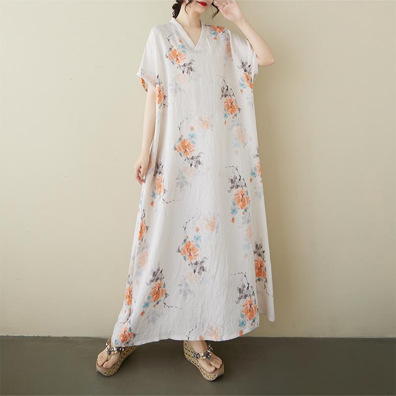 

Dimanaf Плюс размер 2025 Женское летнее платье с коротким рукавом Базовое повседневное свободное льняное платье с цветочным принтом Новое One Size белый