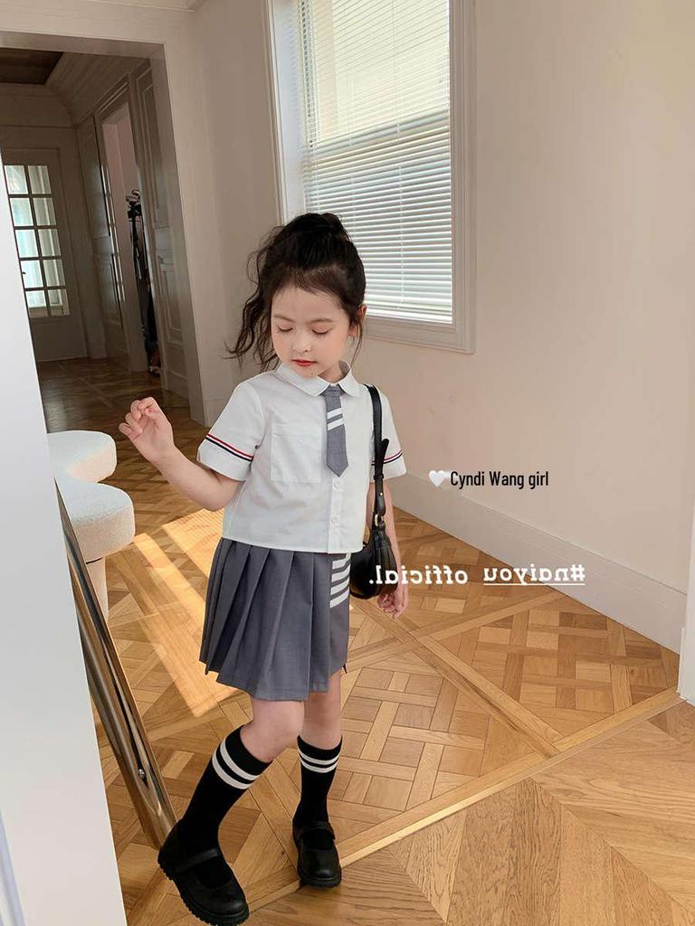 2024 Summer Girls' Korean Academy Style Pleated Skirt & Shirt Set