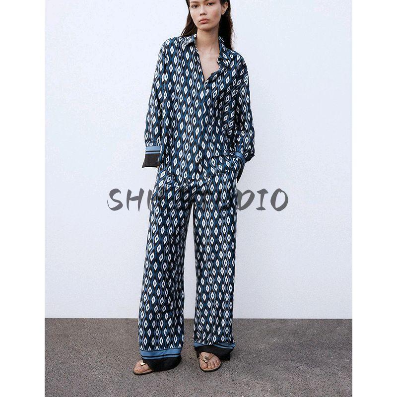 Spring New Women's Clothing Lapel Print Shirt 2329654 Geometric Pattern Printed Pants 2336655