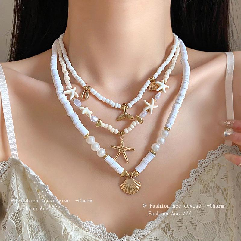 Seaside Fishtail & Starfish Pearl Pendant Necklace - Retro Clavicle Chain for Vacations