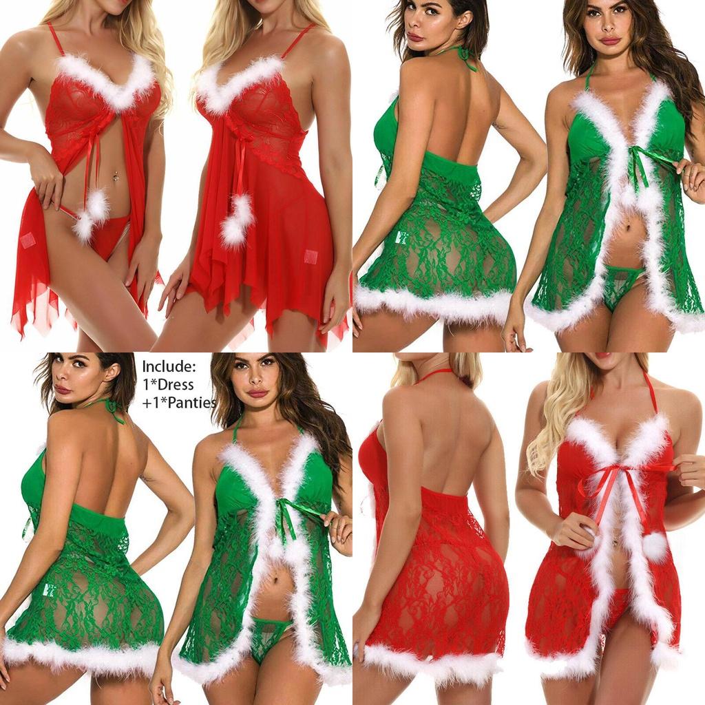 Luxurious Women Sexy Lingerie Red Babydoll Nightwear Santa Christmas Sleepwear G-string Set