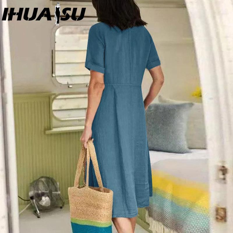 IHUASU Damenmode Sommer Frühling Einfarbig Druck V-Ausschnitt Hohe Taille Lässige Kleider