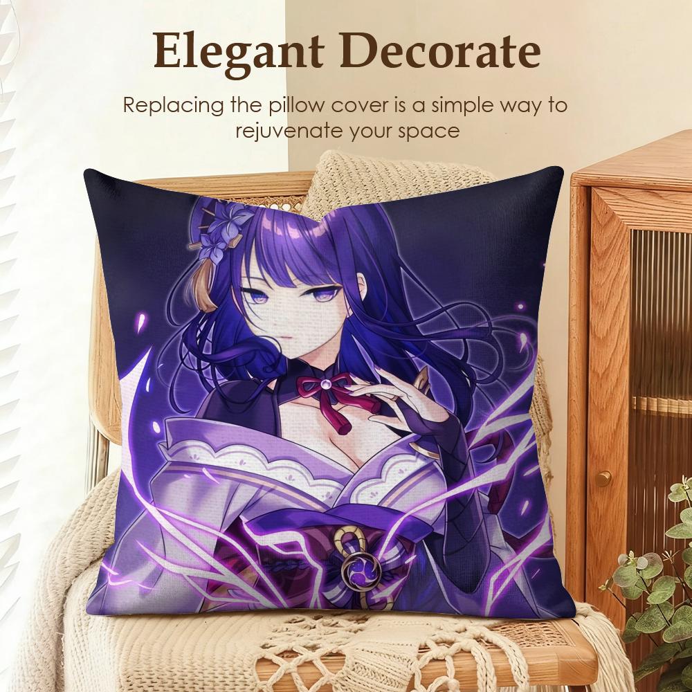 Raiden Shogun Genshin Impact Cushion Cover Natural Linen Organic Fabric DoubleSided Printing Sofa Home Decor Gift Pillow Case