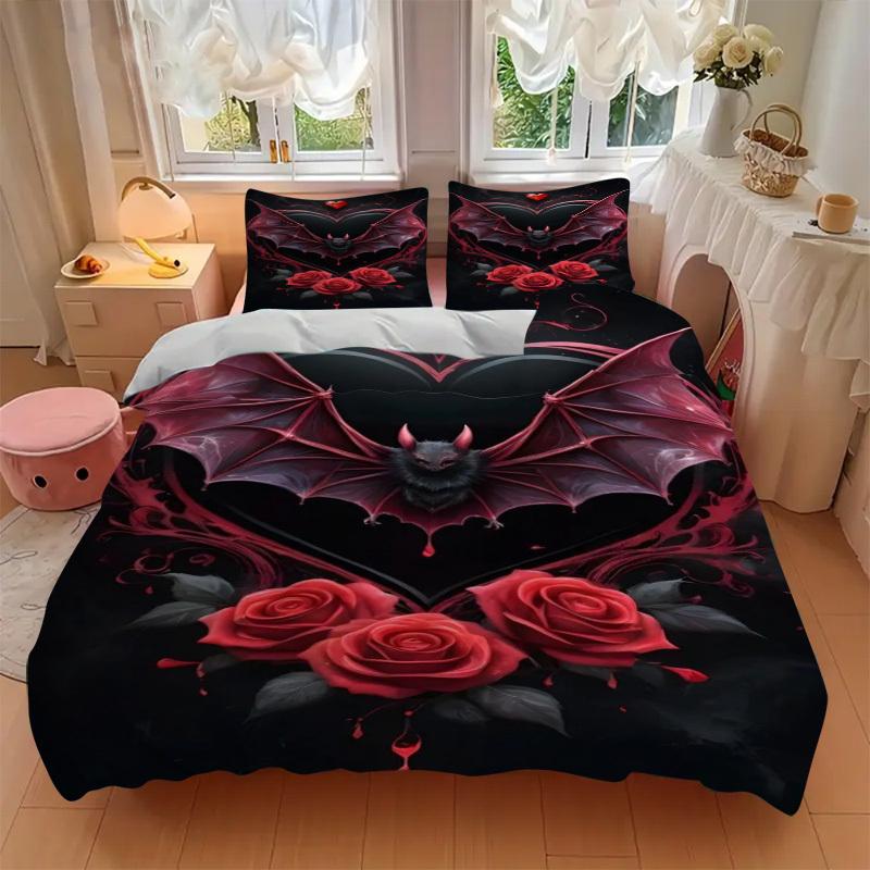 3pcs Bat Heart Roses Duvet Cover Set - Includes 1 Duvet Cover and 2 Pillowcases, No Quilt Core, All-Season Home Decor yy251111086