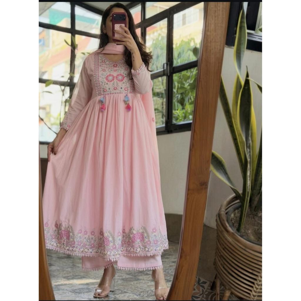 Designer Beautiful Cotton Anarkali Suit Indian Ethnic Kurta Pant Dupatta Set