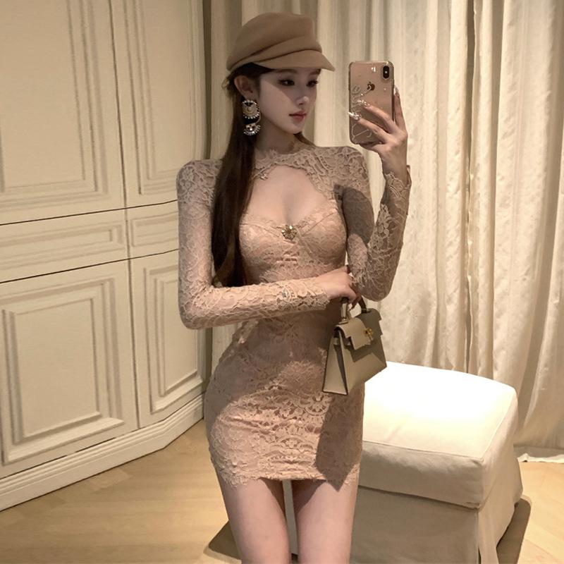 

Женское платье Spice Girl с длинными рукавами и кружевом, облегающее, с запахом на бедрах L