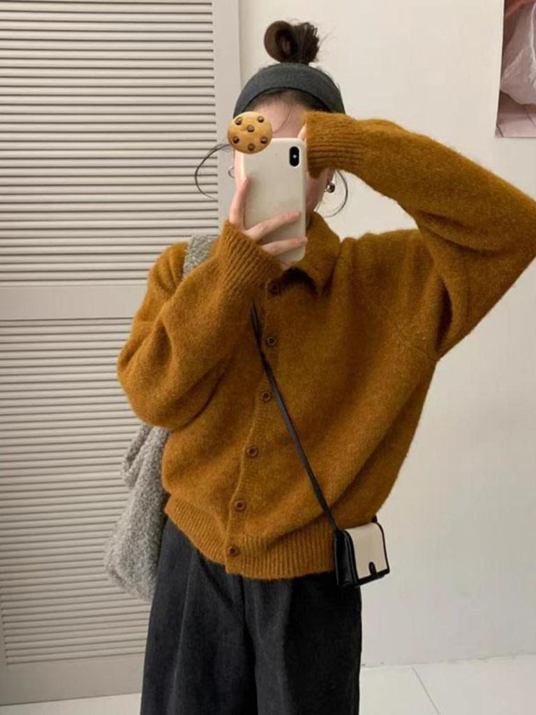 Korean Autumn Winter Loose High Neck Knit Cardigan Sweater for Women